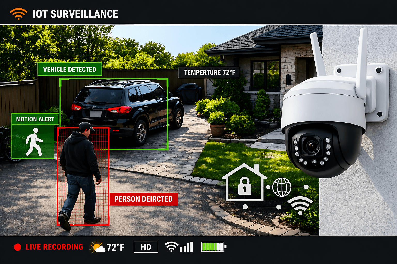 IoT surveillance camera with live AI detection overlays