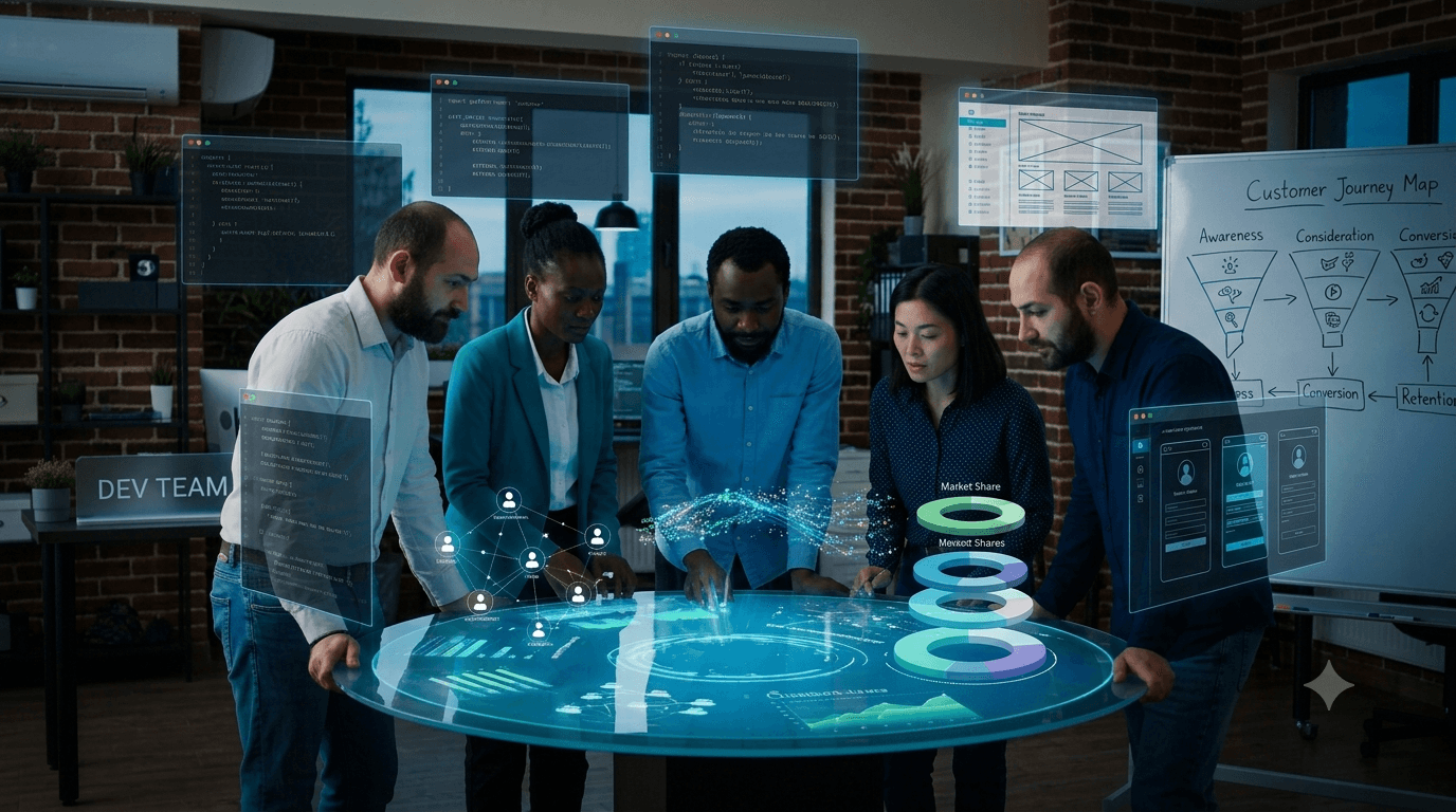 Custom software development team collaborating on enterprise platforms