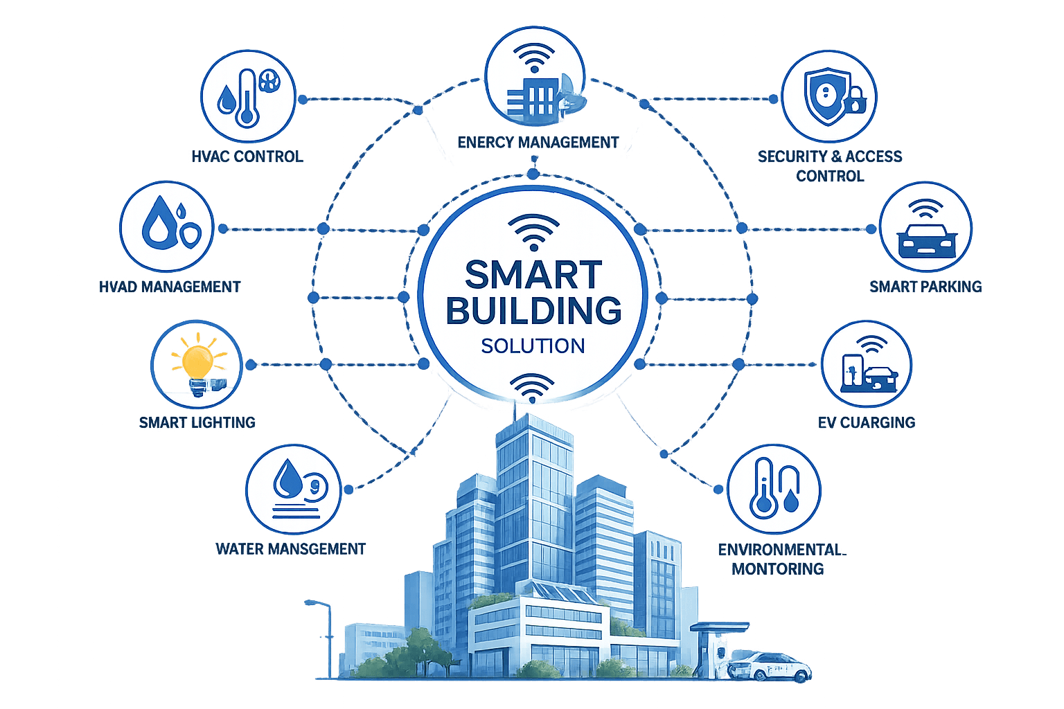 Connected building systems including HVAC, lighting, energy, and security